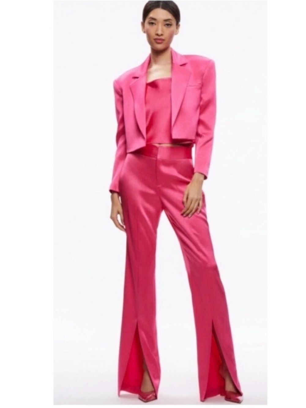 New Alice + Olivia Jodi Satin Slit Front Pants in Candy Pink Sz 8 High Rise $395